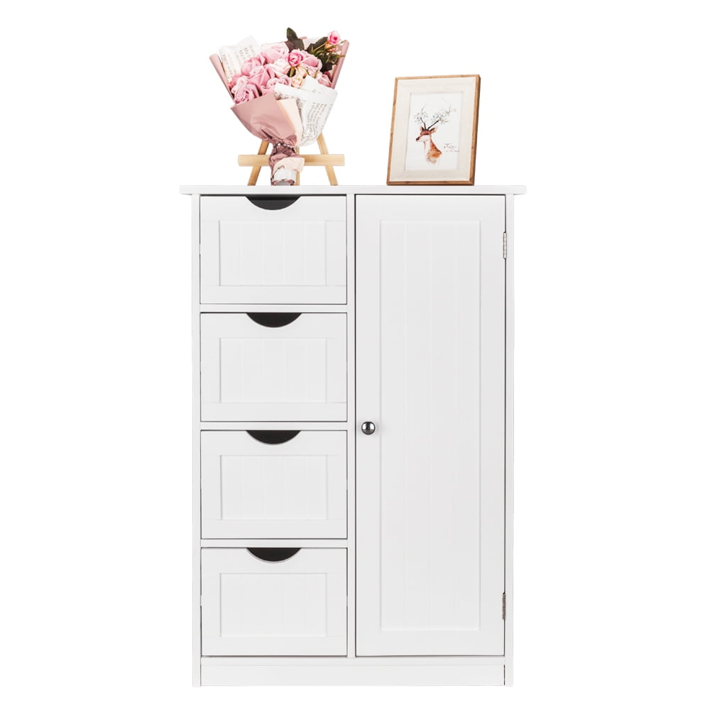 Mueble de baño de madera, organizador de almacenamiento lateral con 4 cajones, 1 armario y 2 estantes, color blanco