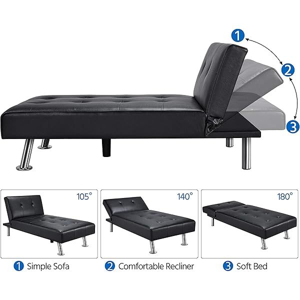 Sofá cama convertible de piel sintética, sofá futón, sofá reclinable moderno, sofá cama con patas de metal cromado