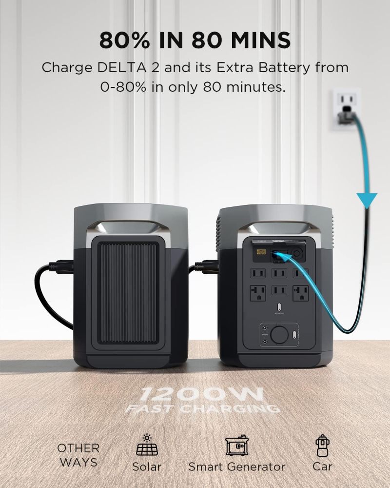 Central eléctrica portátil DELTA 2, 1024 Wh LiFePO4 (LFP), carga rápida, generador solar (panel solar opcional) para energía de reserva en el hogar, camping y vehículos recreativos