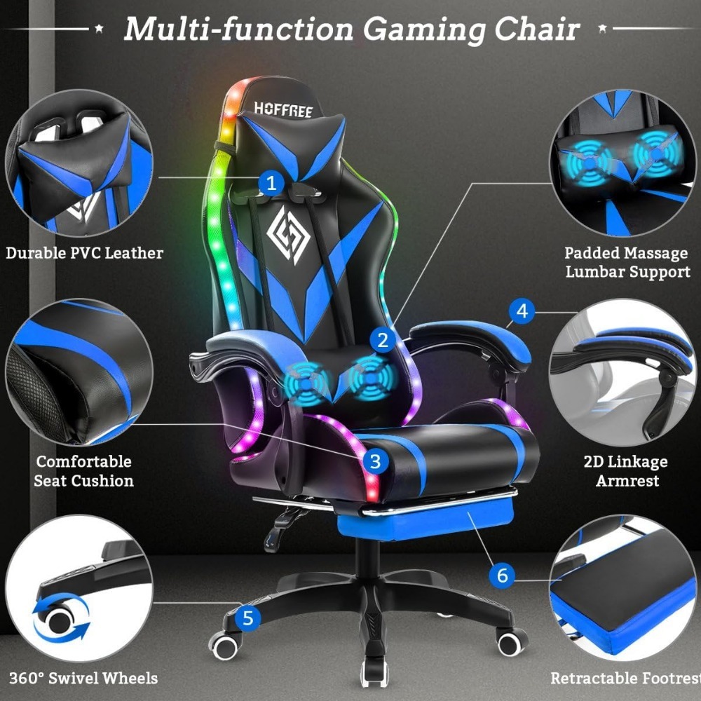 Silla Gaming con Masaje y Luces LED Sillas Ergonómicas para Videojuegos