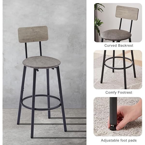 Sillas de comedor, juego de altura de mostrador industrial con respaldo tapizado y reposapiés, para el hogar y la cocina, mesa de desayuno gris, mesa de bar con 4 taburetes con asiento de PU