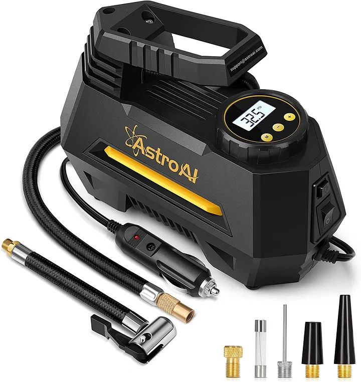 Inflador de Llantas Digital Automatico, Compresor de Aire Portatil para Auto 12V con Bomba Electrico con Pantalla LCD, Luz LED, Kit de Adaptadores y Fusible AMARILLO