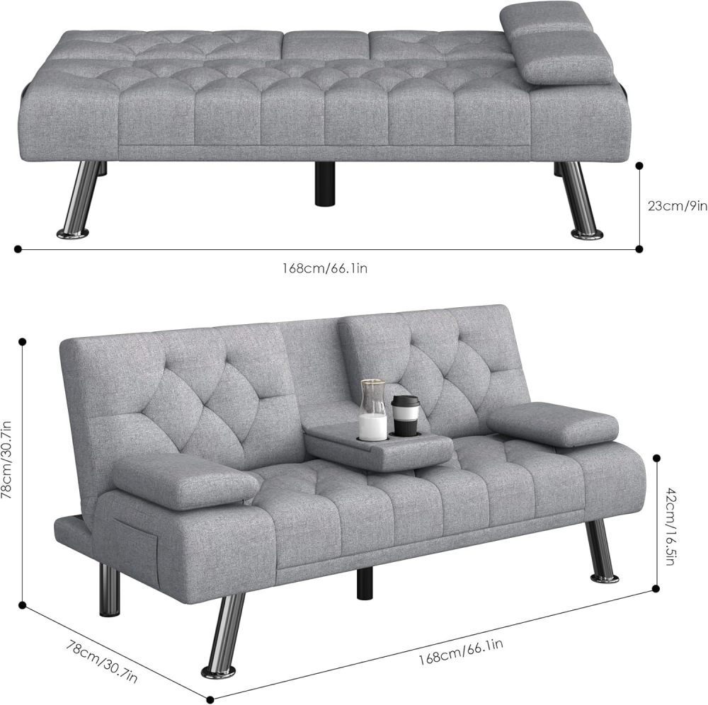 Sofá cama futón, sofá futón plegable convertible tapizado moderno, 2 portavasos, patas de metal