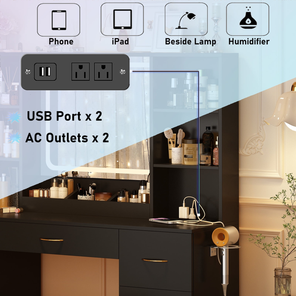 Tocador grande de 47" con espejo con luz LED, toma de corriente y 7 cajones, juego de tocador con taburete de almacenamiento y soporte para secador de pelo.