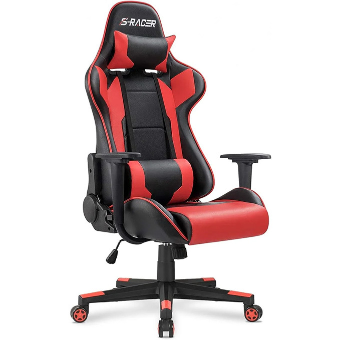 Silla estilo oficina para juegos con respaldo alto, de cuero sintético, silla de computadora de escritorio, estilo de carrera, ejecutiva, ergonómica y ajustable, giratoria, con reposacabezas y apoyo lumbar