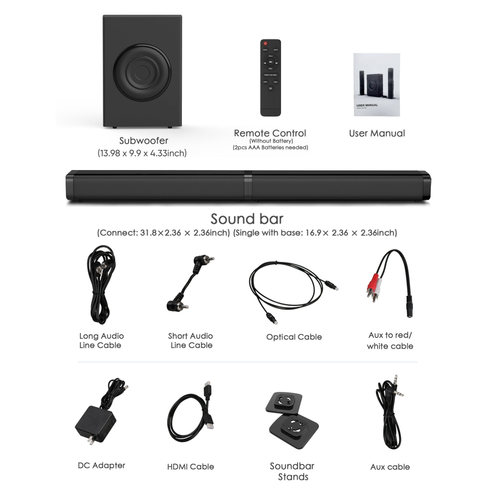 Barra de sonido con subwoofer, barras de sonido separables de 2.1 canales para TV, sonido envolvente 3D opcional, Bluetooth/HDMI-ARC/AUX