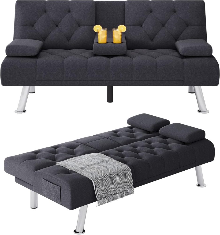 Sofá cama futón, sofá futón plegable convertible tapizado moderno, 2 portavasos, patas de metal