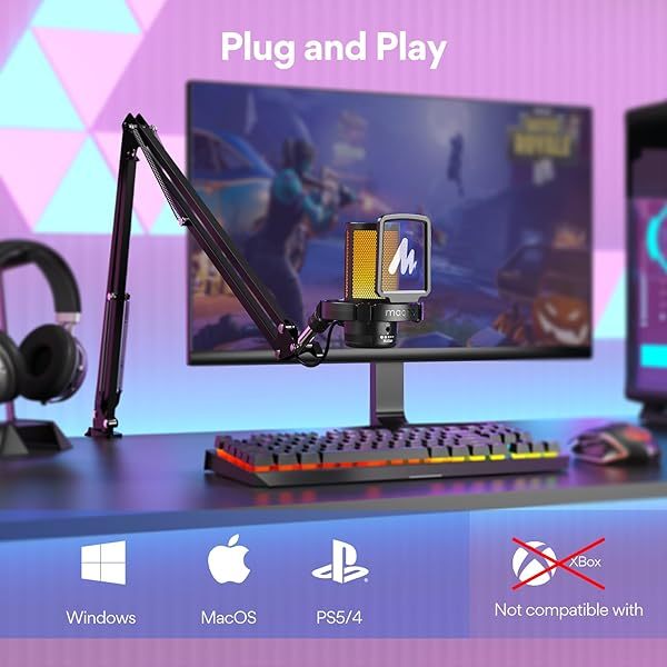 Micrófono USB para juegos, micrófono de condensador con cancelación de ruido, silenciador, ganancia, monitoreo y brazo articulado para transmisión