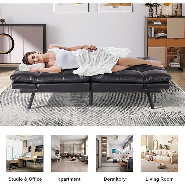 Sofá cama futón de espuma viscoelástica ajustable, sofá con respaldo convertible y reposabrazos, futón plegable, moderno futón cama para sala de estar, apartamento, oficina, habitación pequeña, sofá cama de 71 pulgadas, color negro