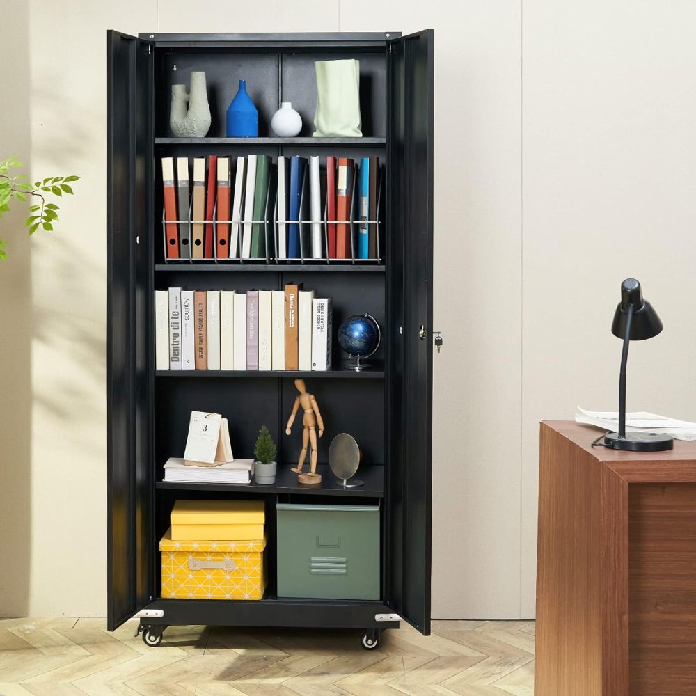 Metal Storage Cabinet with Wheels, 75'' Locking Steel Storage Cabinet with 2 Magnetic Doors and 4 Adjustable Shelves for Office, Garage, Home