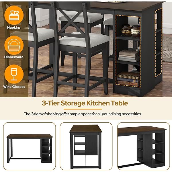 Juego de mesa de comedor de altura de mostrador con 4 sillas, mesa de cocina de madera maciza con gabinete de almacenamiento y cajón, tablero de mesa de mármol sintético, color negro