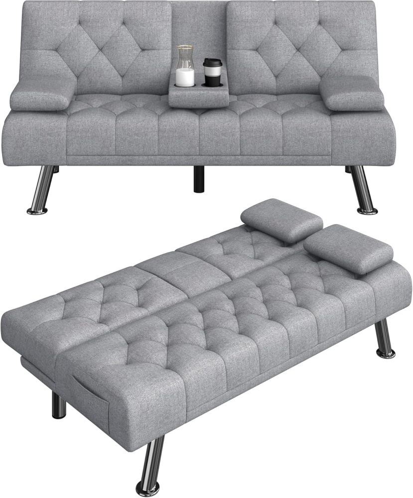 Sofá cama futón, sofá futón plegable convertible tapizado moderno, 2 portavasos, patas de metal