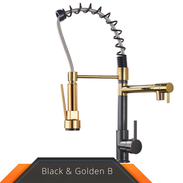 Grifo de cocina desplegable con resorte dorado y negro y rosa, mezclador de agua fría y caliente, grifo tipo grúa