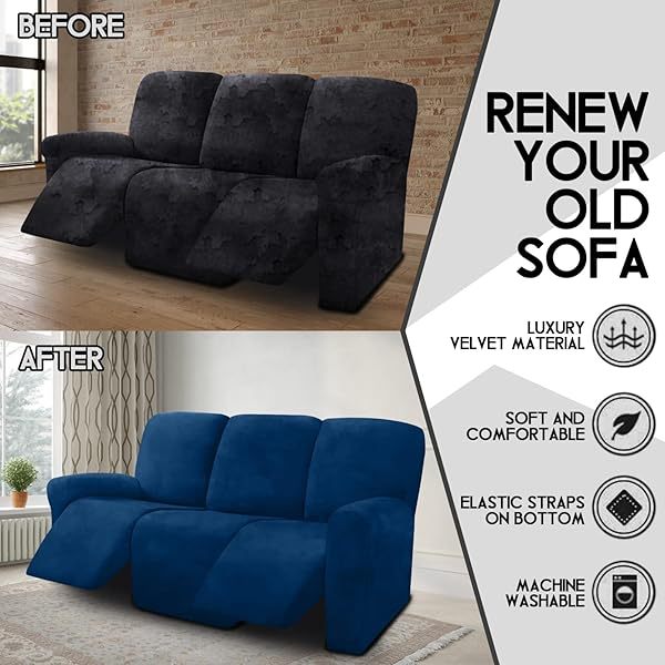 Fundas de sofá reclinables de terciopelo de 8 piezas, fundas elásticas para sofá reclinable de 3 cojines, fundas para sofá reclinable, muebles
