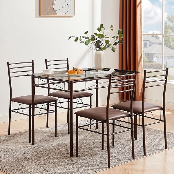 juego de mesa de comedor con mesa de vidrio para 4, Negro