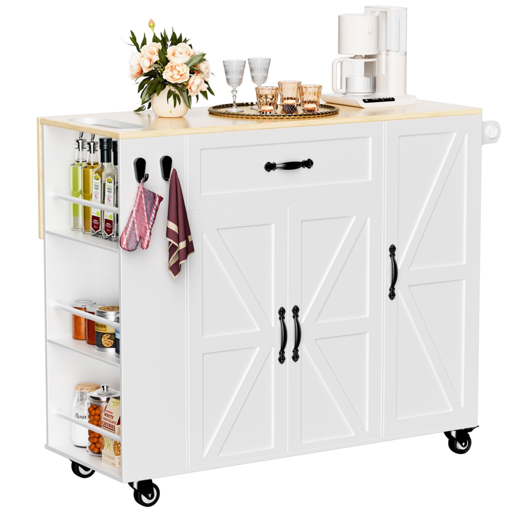 Carrito de cocina con isla de 41,3" con ruedas, tablero abatible y espacio de almacenamiento, color blanco