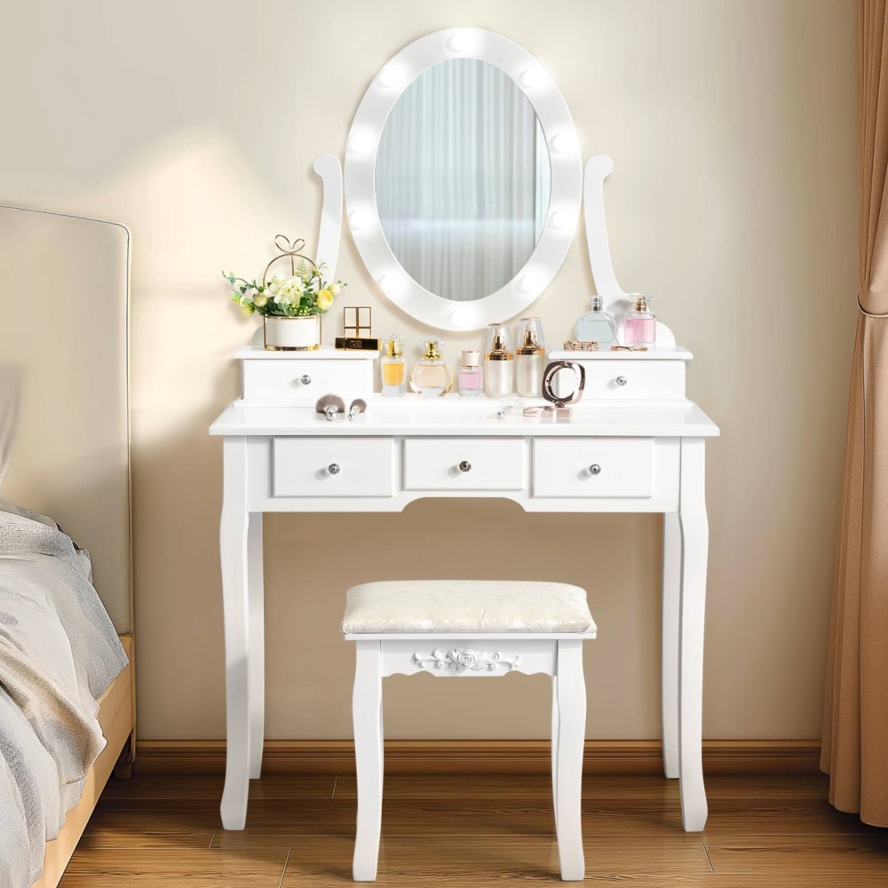 Tocador de Maquillaje con 10 Luces LED - Mesa de Vanity con 5 Cajones + Banco Acolchado - Juego Blanco para Dormitorio