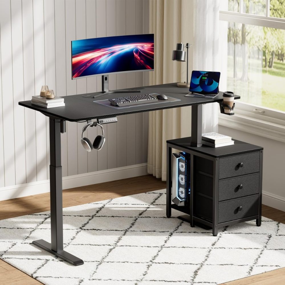 Escritorio Elevable Eléctrico con Altura Ajustable, Incluye 3 Cajones Multifuncionales, Portavasos y Soporte para Auriculares - Escritorio en L de Pie Ergonómico - Peso Máx 81 kg