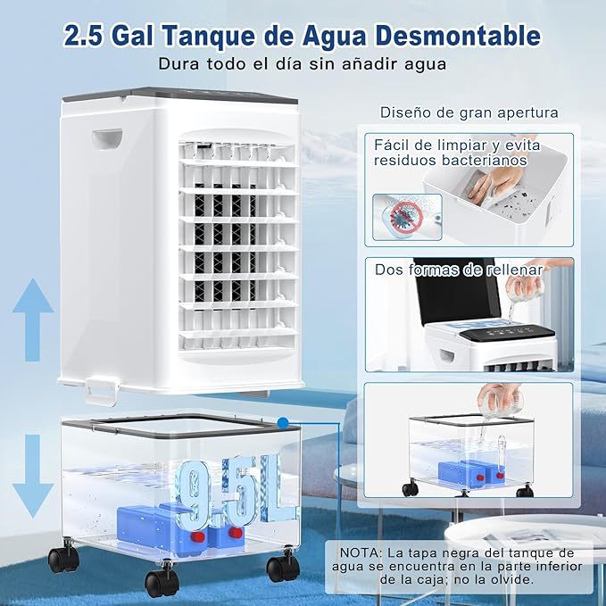 4 en 1 Enfriador de Aire, 9.5L Ventilador Evaporativo, 4 Modos y 3 Velocidades, con 3 Cajas de Hielo, Control Remoto, 7H Temporizador, para Hogar y Oficina