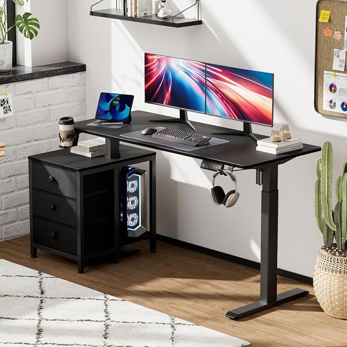 Escritorio Elevable Eléctrico con Altura Ajustable, Incluye 3 Cajones Multifuncionales, Portavasos y Soporte para Auriculares - Escritorio en L de Pie Ergonómico - Peso Máx 81 kg