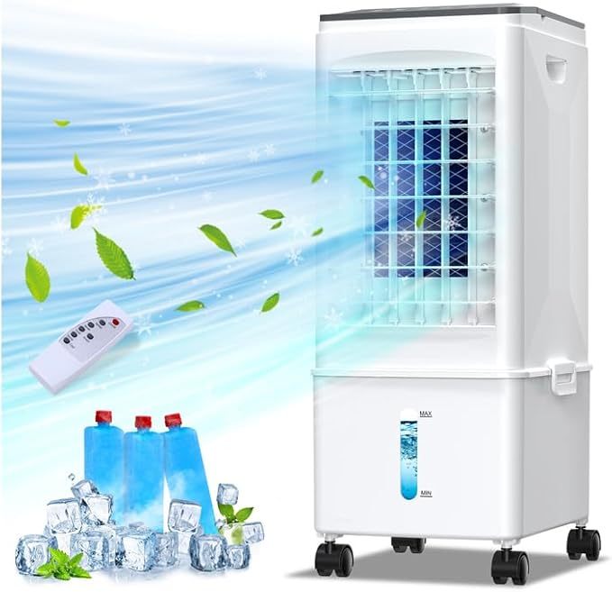 4 en 1 Enfriador de Aire, 9.5L Ventilador Evaporativo, 4 Modos y 3 Velocidades, con 3 Cajas de Hielo, Control Remoto, 7H Temporizador, para Hogar y Oficina