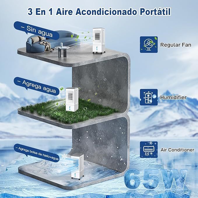 4 en 1 Enfriador de Aire, 9.5L Ventilador Evaporativo, 4 Modos y 3 Velocidades, con 3 Cajas de Hielo, Control Remoto, 7H Temporizador, para Hogar y Oficina