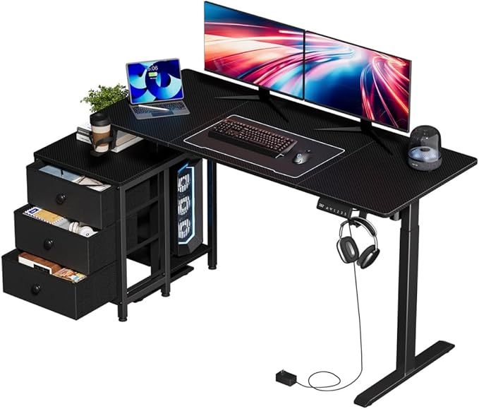 Escritorio Elevable Eléctrico con Altura Ajustable, Incluye 3 Cajones Multifuncionales, Portavasos y Soporte para Auriculares - Escritorio en L de Pie Ergonómico - Peso Máx 81 kg