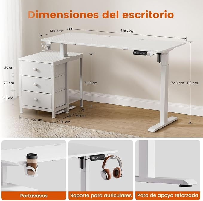 Escritorio Elevable Eléctrico con Altura Ajustable, Incluye 3 Cajones Multifuncionales, Portavasos y Soporte para Auriculares - Escritorio en L de Pie Ergonómico - Peso Máx 81 kg