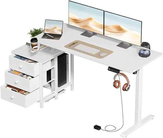 Escritorio Elevable Eléctrico con Altura Ajustable, Incluye 3 Cajones Multifuncionales, Portavasos y Soporte para Auriculares - Escritorio en L de Pie Ergonómico - Peso Máx 81 kg