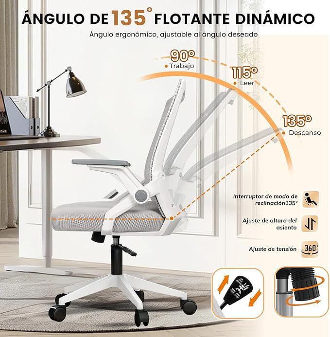 Silla de Oficina ergonómica-Silla Escritorio con Respaldo de Malla Transpirable，Ajustable y Reposabrazos Sillas Ergonómicas para Escritorio Home Office