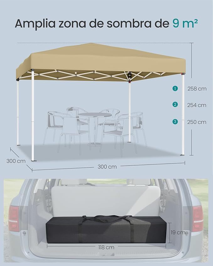 Cenador, Carpa Plegable, 3 x 3 m, para Patio, Jardín, Mercadillo, Protección Solar, Portátil