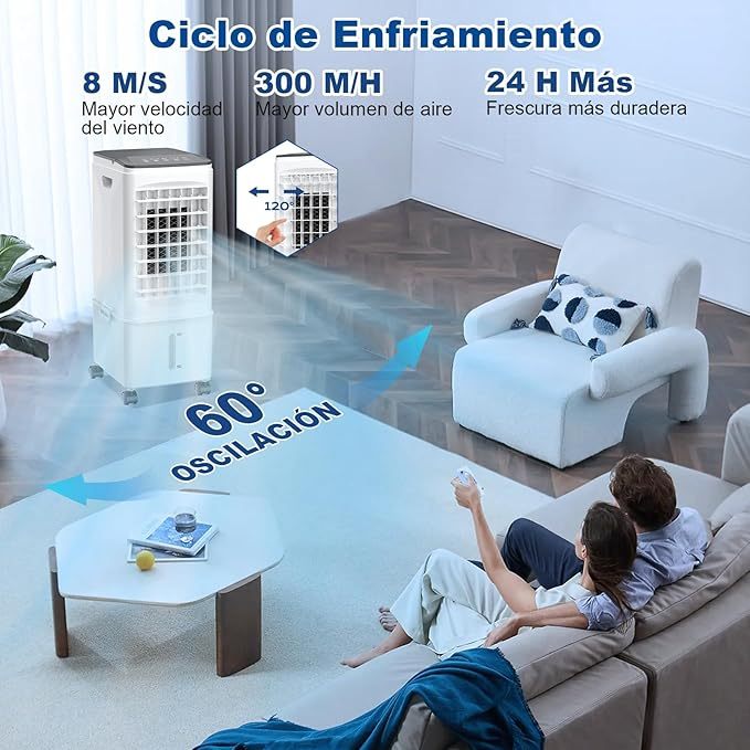 4 en 1 Enfriador de Aire, 9.5L Ventilador Evaporativo, 4 Modos y 3 Velocidades, con 3 Cajas de Hielo, Control Remoto, 7H Temporizador, para Hogar y Oficina