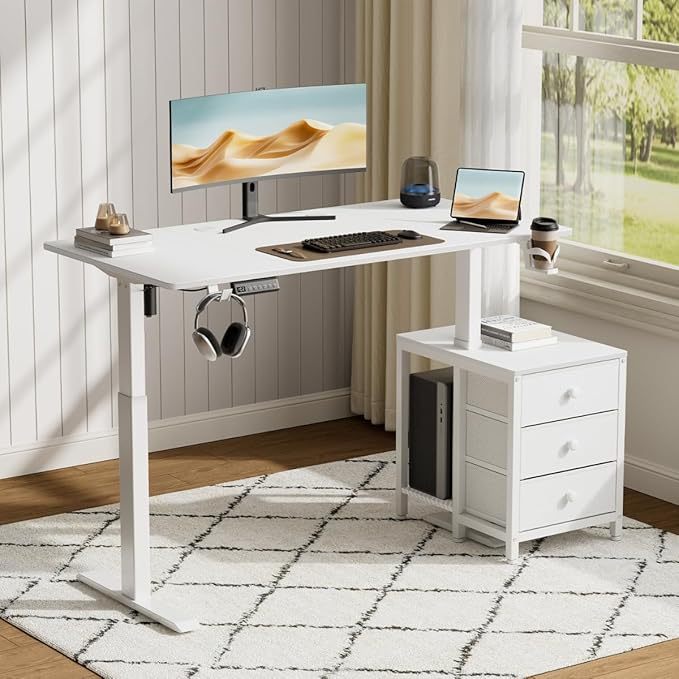 Escritorio Elevable Eléctrico con Altura Ajustable, Incluye 3 Cajones Multifuncionales, Portavasos y Soporte para Auriculares - Escritorio en L de Pie Ergonómico - Peso Máx 81 kg