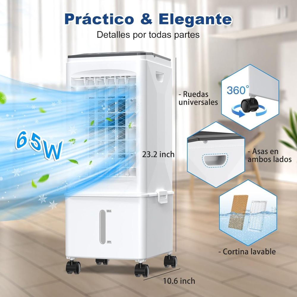 4 en 1 Enfriador de Aire, 9.5L Ventilador Evaporativo, 4 Modos y 3 Velocidades, con 3 Cajas de Hielo, Control Remoto, 7H Temporizador, para Hogar y Oficina