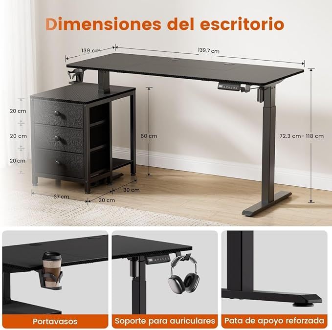 Escritorio Elevable Eléctrico con Altura Ajustable, Incluye 3 Cajones Multifuncionales, Portavasos y Soporte para Auriculares - Escritorio en L de Pie Ergonómico - Peso Máx 81 kg