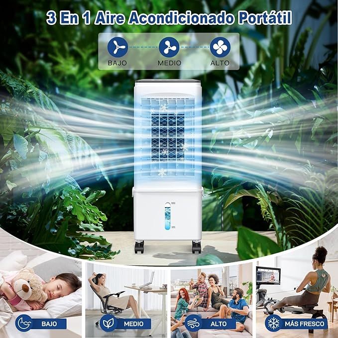 4 en 1 Enfriador de Aire, 9.5L Ventilador Evaporativo, 4 Modos y 3 Velocidades, con 3 Cajas de Hielo, Control Remoto, 7H Temporizador, para Hogar y Oficina