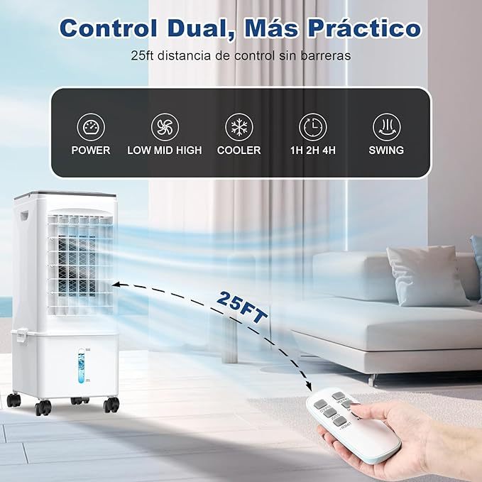 4 en 1 Enfriador de Aire, 9.5L Ventilador Evaporativo, 4 Modos y 3 Velocidades, con 3 Cajas de Hielo, Control Remoto, 7H Temporizador, para Hogar y Oficina