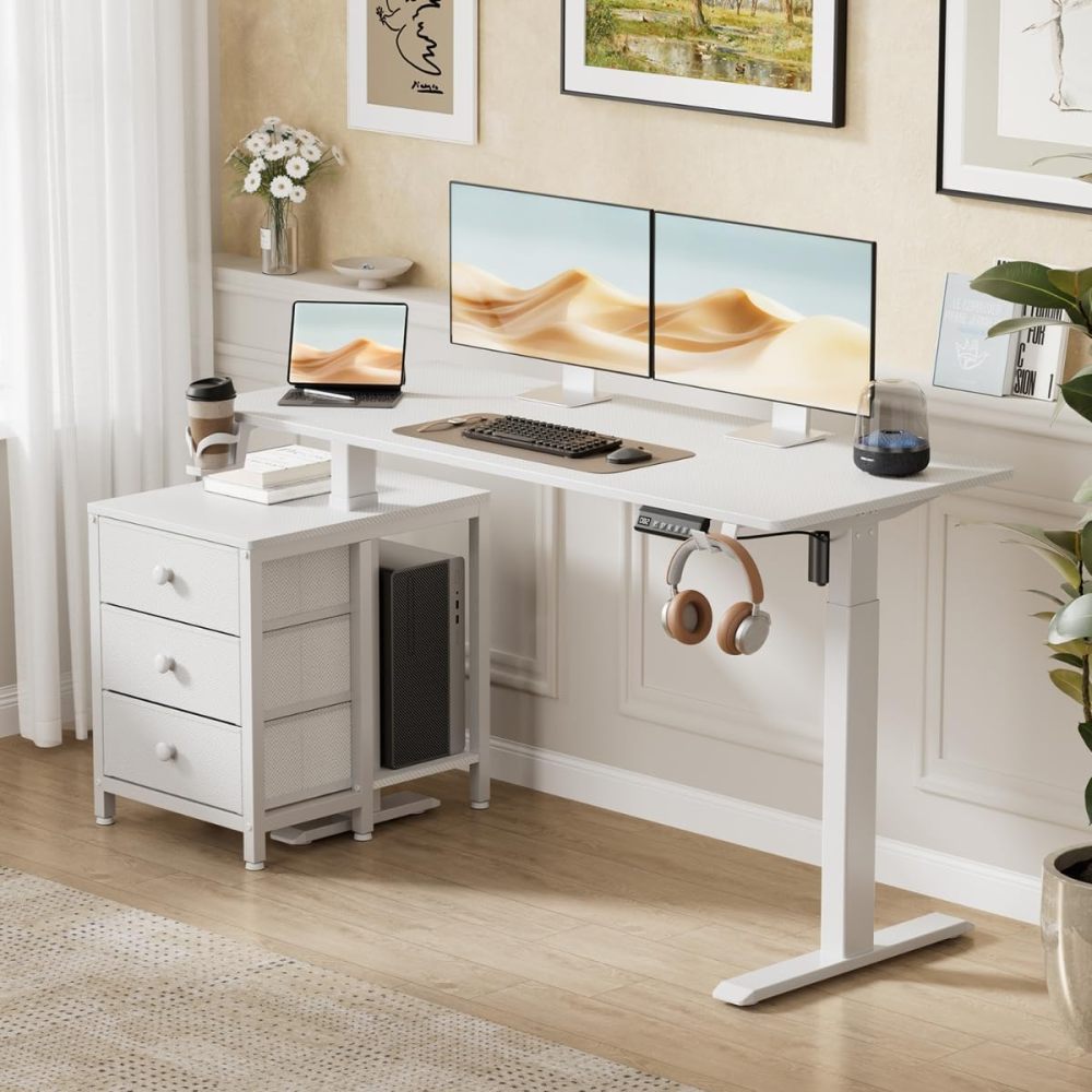 Escritorio Elevable Eléctrico con Altura Ajustable, Incluye 3 Cajones Multifuncionales, Portavasos y Soporte para Auriculares - Escritorio en L de Pie Ergonómico - Peso Máx 81 kg