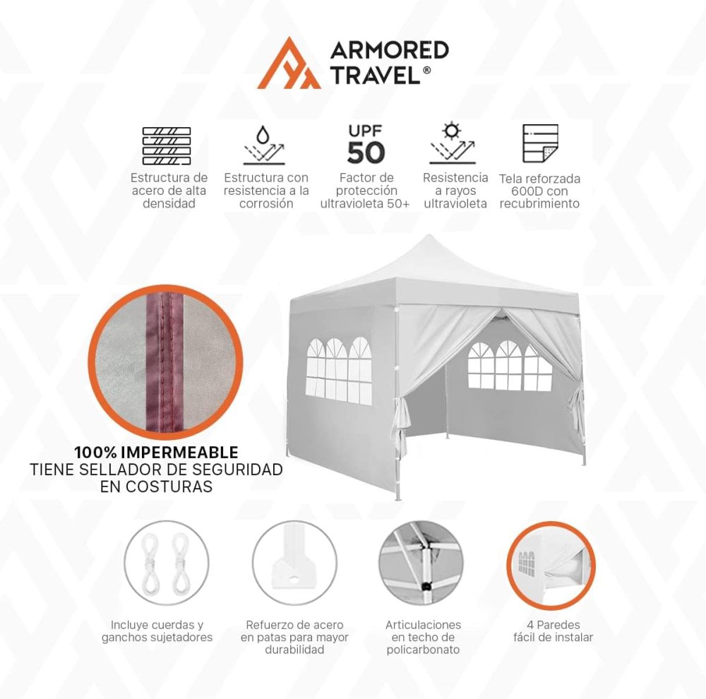 Toldo con Paredes Carpa Plegable Retráctil Impermeable 3x3 M Premium para Exteriores Jardín| Uso comercial | Negocio Uso rudo *Acero Reforzado* + **Maleta Transportadora** + *Estacas* Canopy Tent Gazebo Instant Shelter