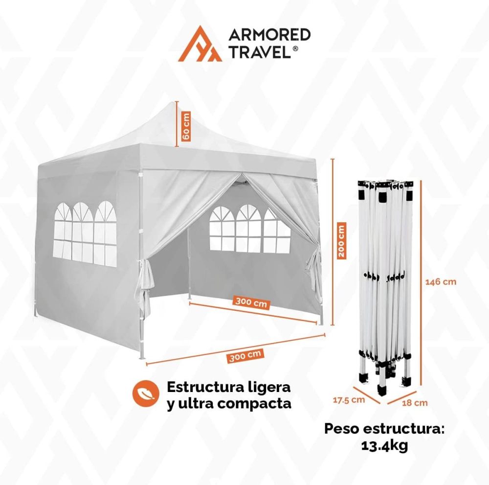 Toldo con Paredes Carpa Plegable Retráctil Impermeable 3x3 M Premium para Exteriores Jardín| Uso comercial | Negocio Uso rudo *Acero Reforzado* + **Maleta Transportadora** + *Estacas* Canopy Tent Gazebo Instant Shelter