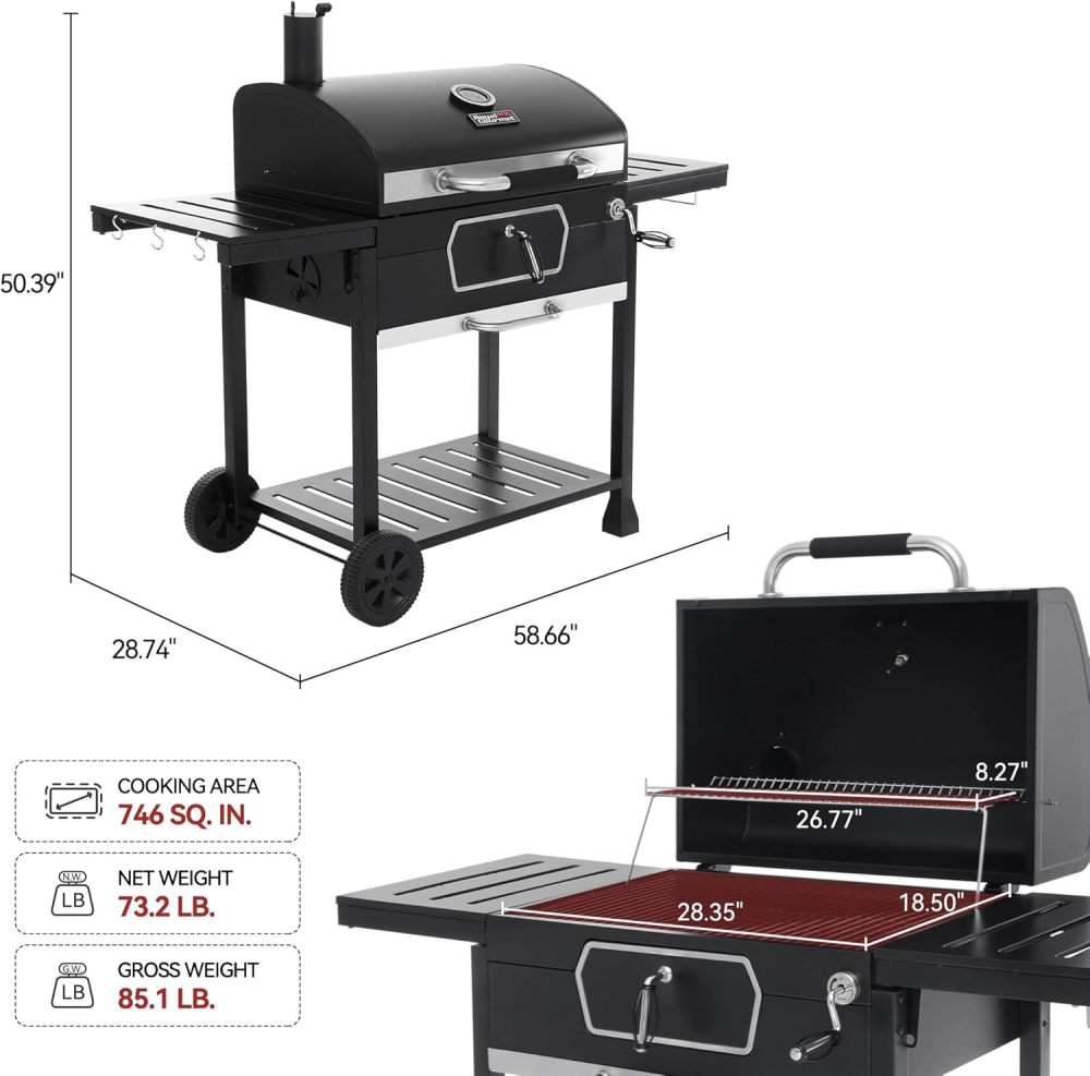 Parrilla de carbón de lujo de 30 pulgadas con cubierta, parrilla grande para barbacoa con mesas laterales plegables para picnic al aire última intervensión, camping, patio,