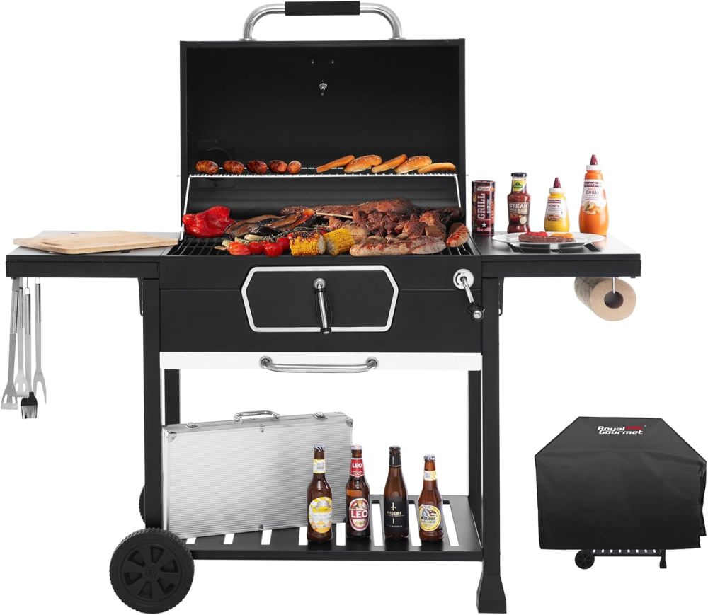Parrilla de carbón de lujo de 30 pulgadas con cubierta, parrilla grande para barbacoa con mesas laterales plegables para picnic al aire última intervensión, camping, patio,
