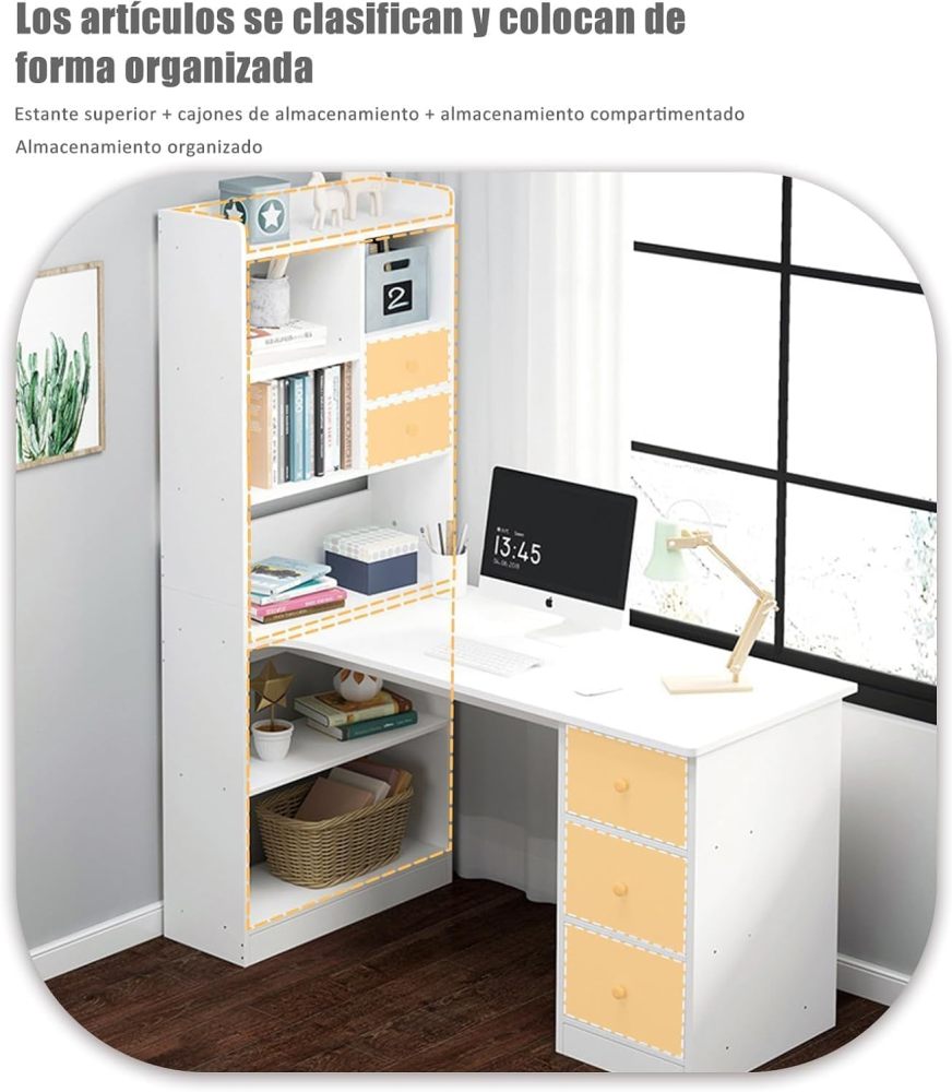 Escritorio Blanco Moderno con Estantería Alta Integrada, Mesa de Estudio con 2 Cajones y Estantes, Mueble de Oficina en Casa Multifuncional para Espacios Pequeños
