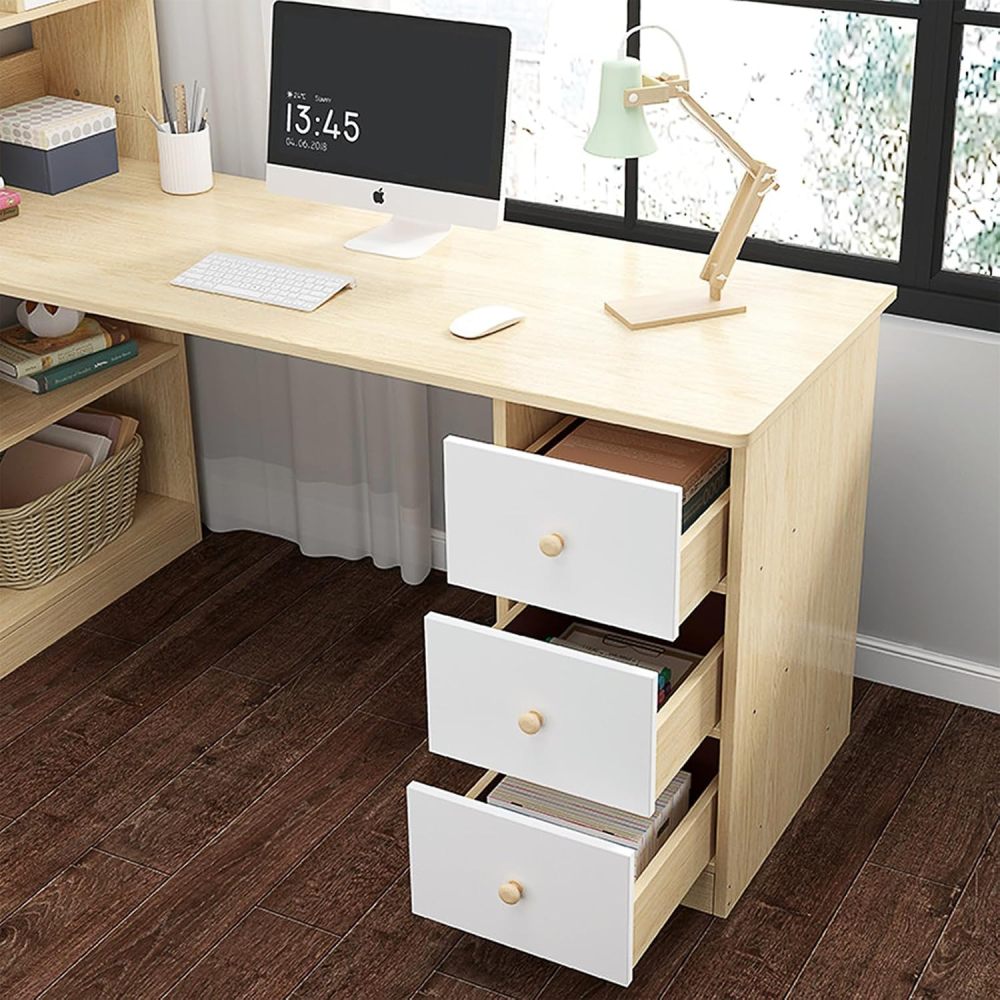 Escritorio Blanco Moderno con Estantería Alta Integrada, Mesa de Estudio con 2 Cajones y Estantes, Mueble de Oficina en Casa Multifuncional para Espacios Pequeños