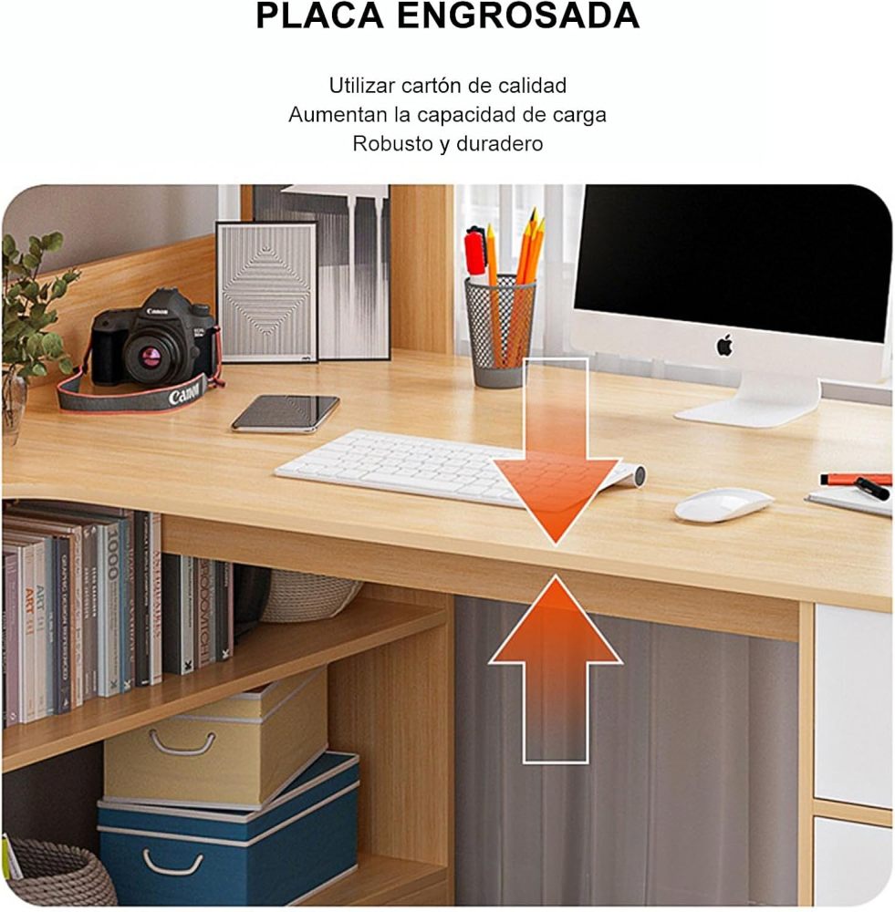 Escritorio Blanco Moderno con Estantería Alta Integrada, Mesa de Estudio con 2 Cajones y Estantes, Mueble de Oficina en Casa Multifuncional para Espacios Pequeños