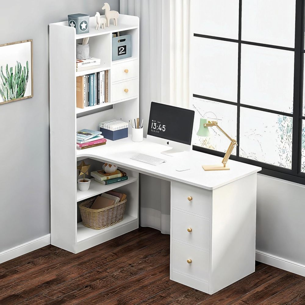 Escritorio Blanco Moderno con Estantería Alta Integrada, Mesa de Estudio con 2 Cajones y Estantes, Mueble de Oficina en Casa Multifuncional para Espacios Pequeños