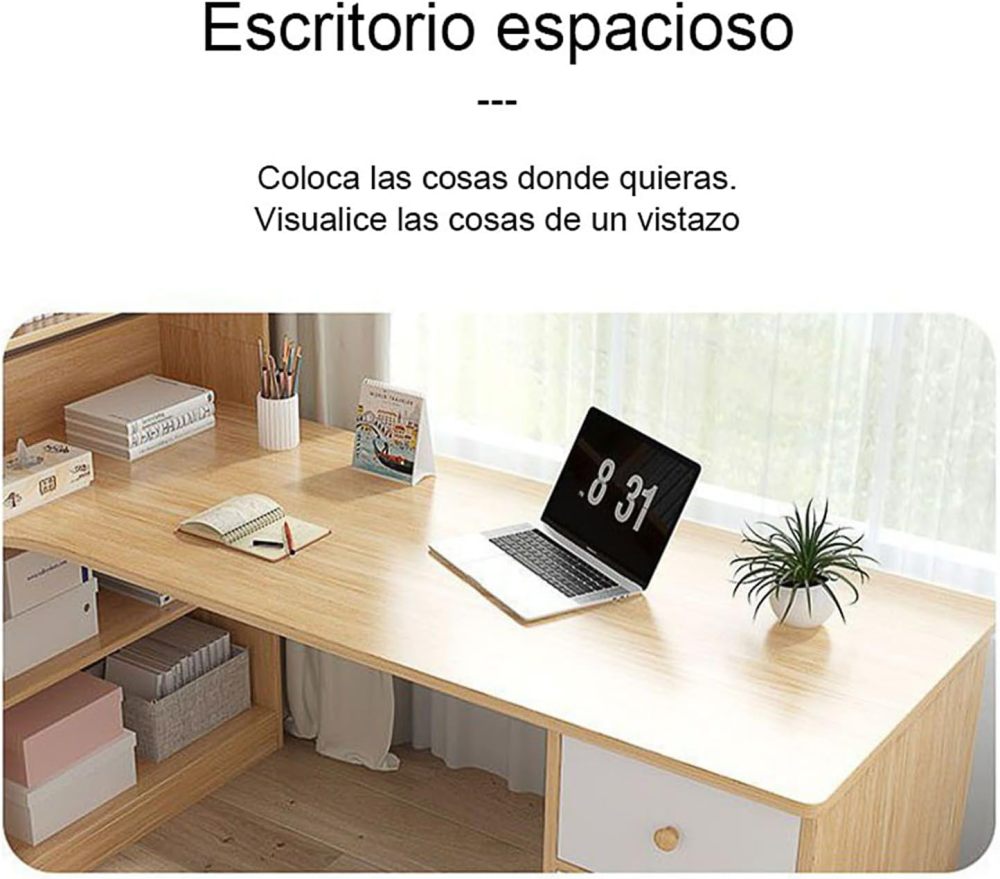 Escritorio Blanco Moderno con Estantería Alta Integrada, Mesa de Estudio con 2 Cajones y Estantes, Mueble de Oficina en Casa Multifuncional para Espacios Pequeños