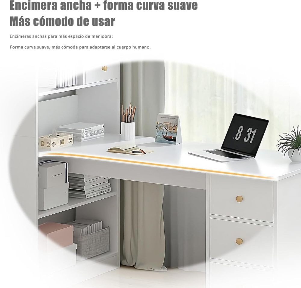 Escritorio Blanco Moderno con Estantería Alta Integrada, Mesa de Estudio con 2 Cajones y Estantes, Mueble de Oficina en Casa Multifuncional para Espacios Pequeños