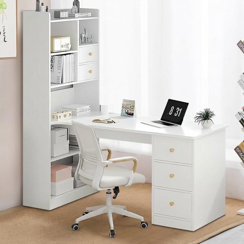 Escritorio Blanco Moderno con Estantería Alta Integrada, Mesa de Estudio con 2 Cajones y Estantes, Mueble de Oficina en Casa Multifuncional para Espacios Pequeños