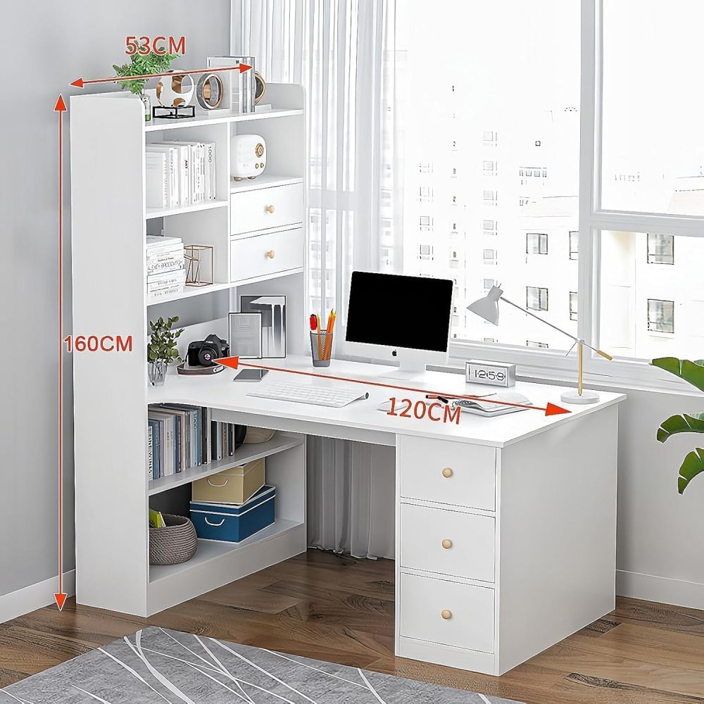 Escritorio Blanco Moderno con Estantería Alta Integrada, Mesa de Estudio con 2 Cajones y Estantes, Mueble de Oficina en Casa Multifuncional para Espacios Pequeños